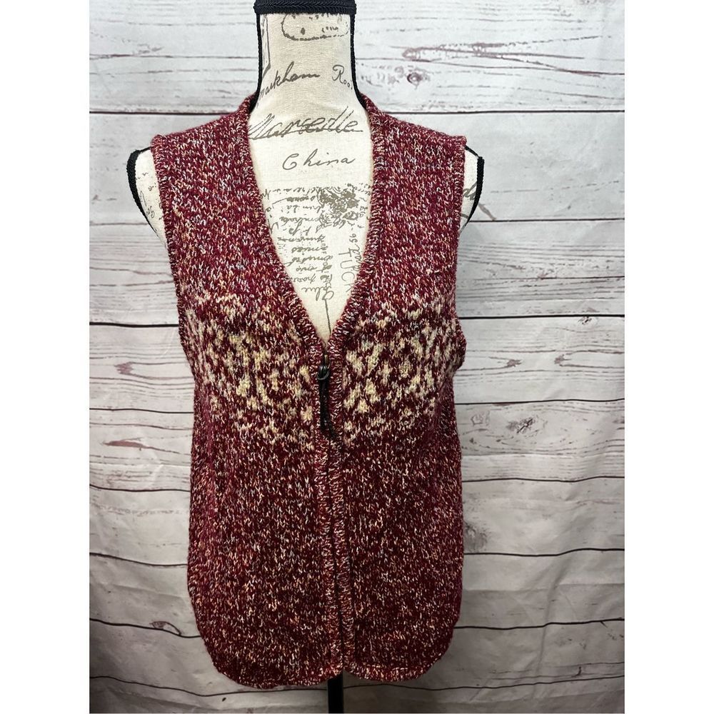 Womens Knit Vest Sleeveless Sweater Burgundy Tan Open Front Boho